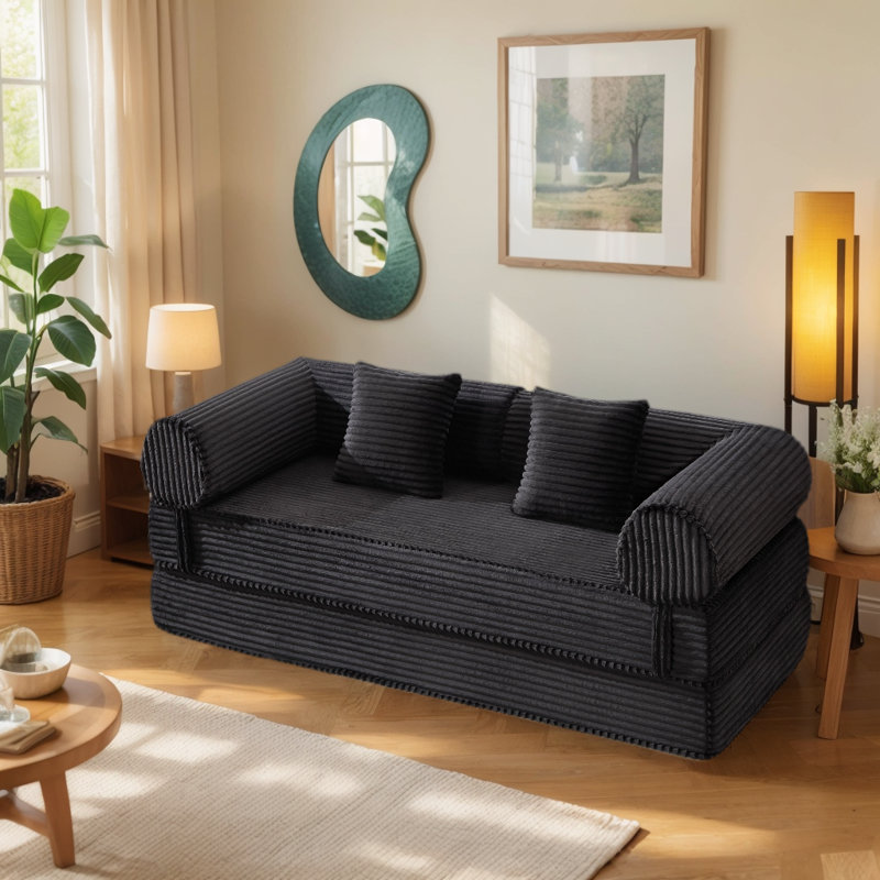 Canapé-lit modulaire en velours côtelé Boneless, convertible avec assise profonde et coussins moelleux, Noir