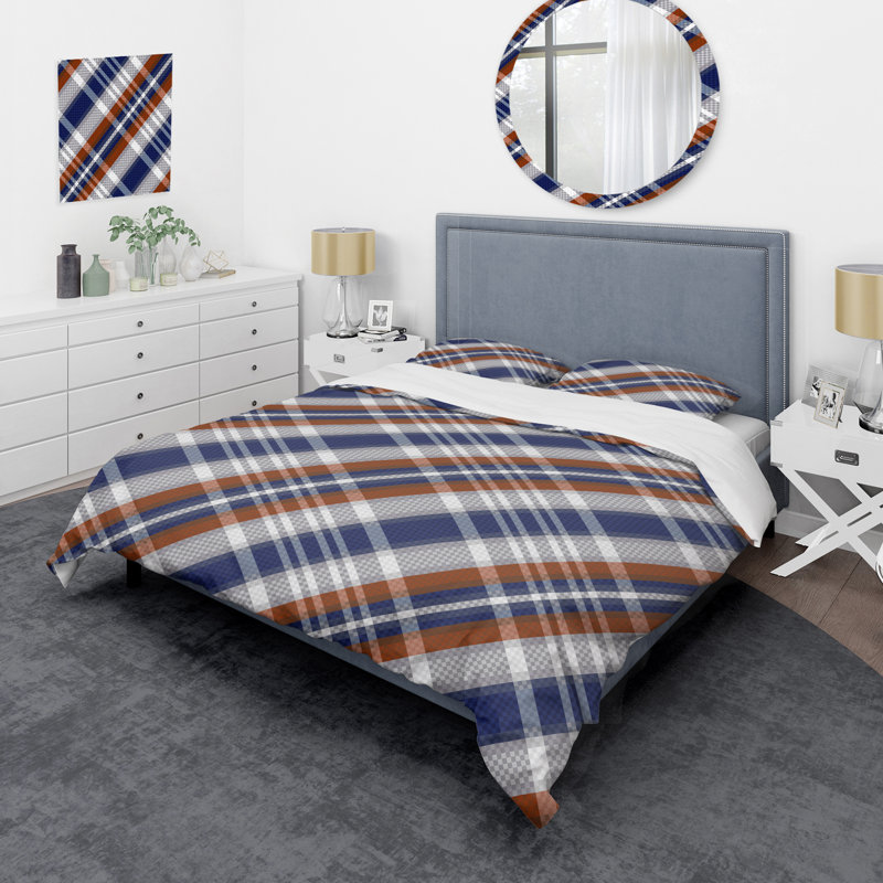 Tartan à carreaux blanc et bleu - Ensemble de housse de couette abstrait - Microfibre de polyester