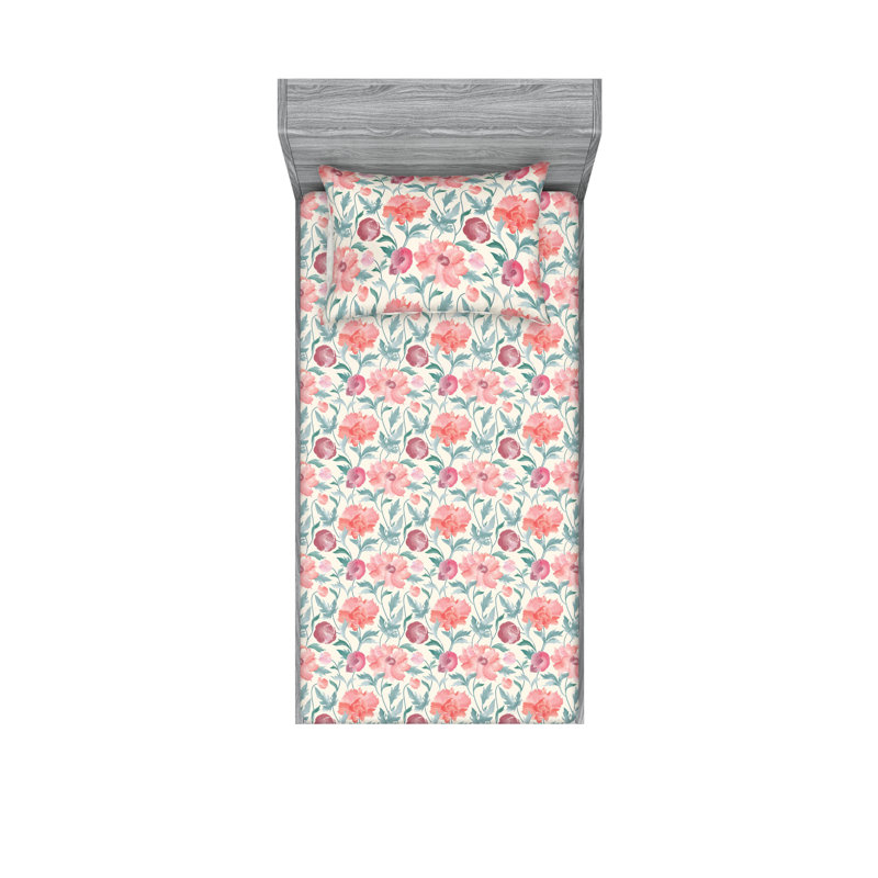 Ambesonne Fitted Sheet & Shams, Twin XL Sheet Set with 1 Pillowcase, Cadet/Blue Flower