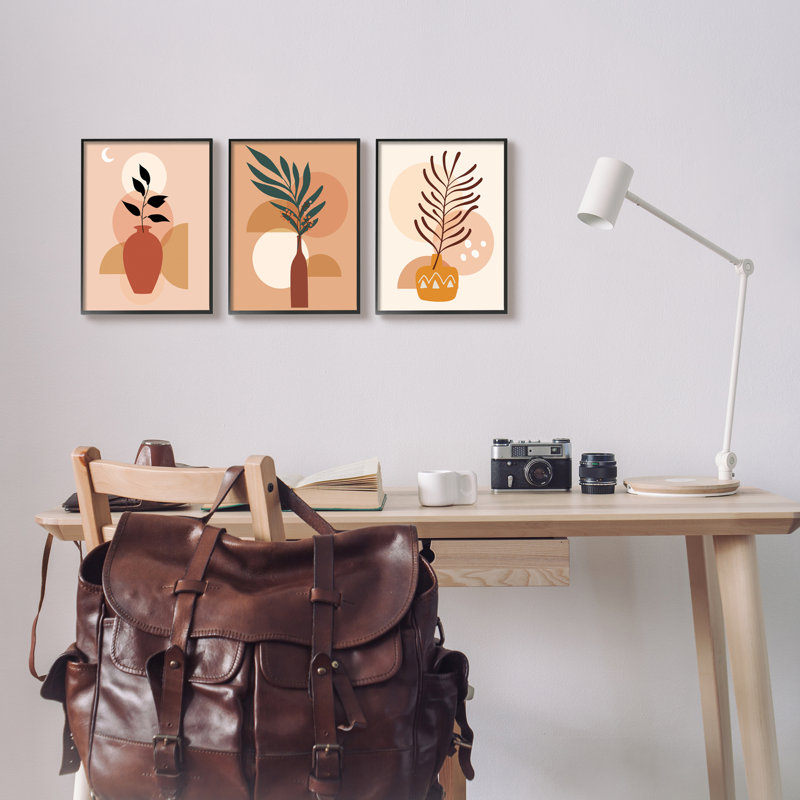 Vases Boho 3 pièces, H 14 po x l 33 po x P 1,5 po, Giclée encadrée noir minuit