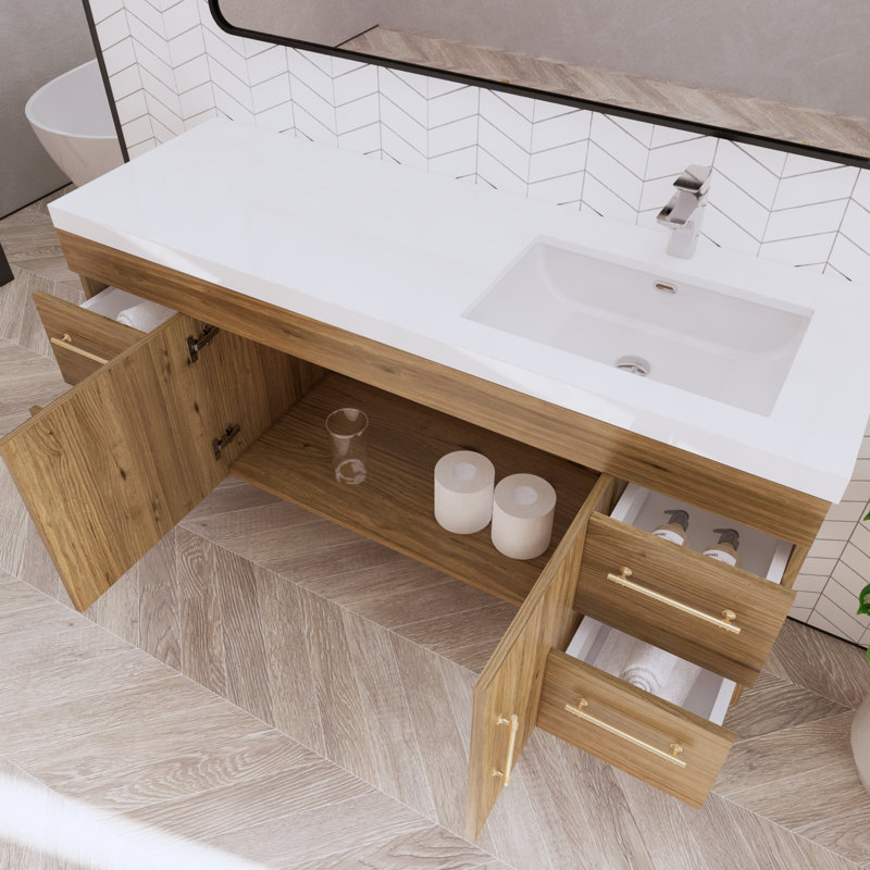 59.06" Wall-Mounted Single Bathroom Vanity Set, Natural Oak