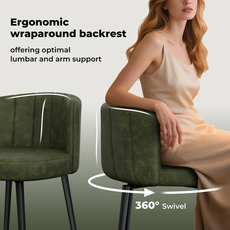 27.2" Upholstered Bar & Counter Stool with Back, 360° Swivel Faux Leather Stools, Olive Green, Green