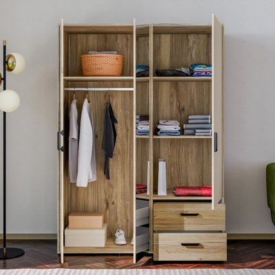 Rajish Modern wardrobe with 3 doors, 2 drawers, mirror, clothing rail and shelves, engineered wood, warm oak decor/beige, 144.4 cm W x 200.1 cm H x 52.7 cm D
