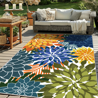 ZonLi Tropical Floral Indoor/Outdoor Rug, 8' x 10', Yellow/Green, Waterproof, Washable, Non-Slip