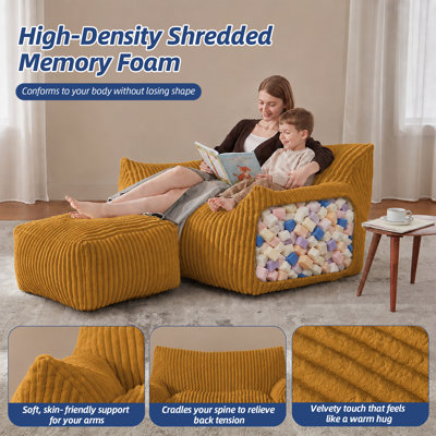 37" Wide Plush Bean Bag Chair with Ottoman, High-Density Foam Floor Lounger Accent Chair for Bedroom & Apartment - Orange