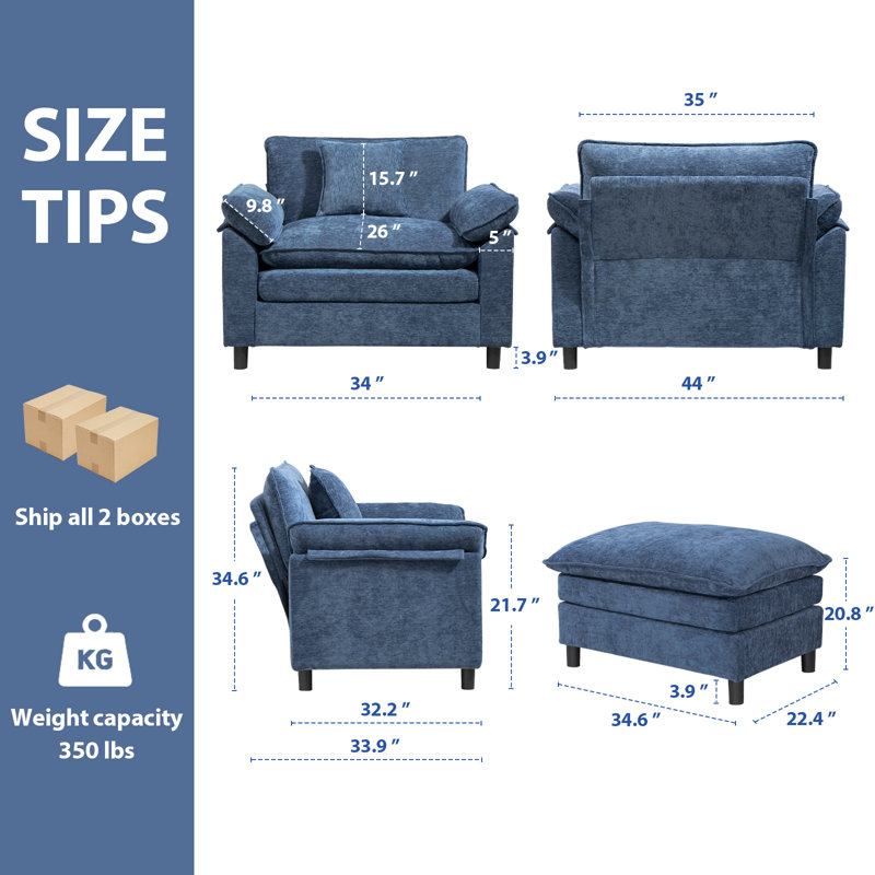 Fauteuil d'appoint surdimensionné en chenille avec repose-pieds, Chenille bleu