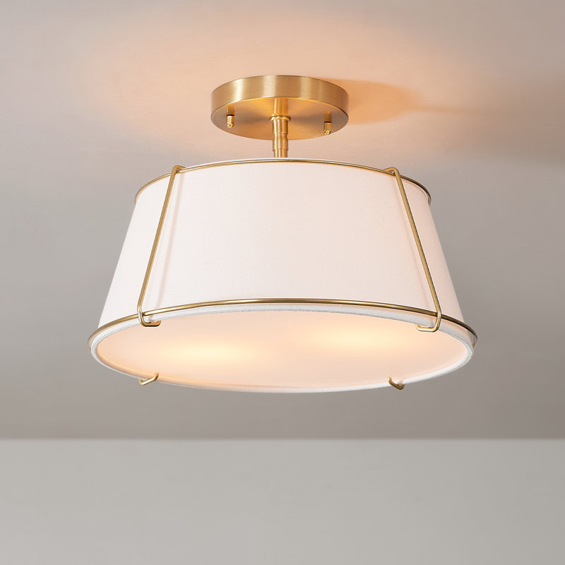 2-Light Matte Brass Flush Mount Ceiling Light with Off-White Fabric Shade and Acrylic Diffuser, Matte Brass