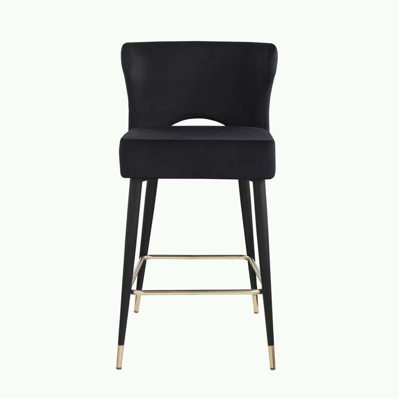Black Velvet Upholstered Counter Height Bar Stools with Gold Tipped Legs
