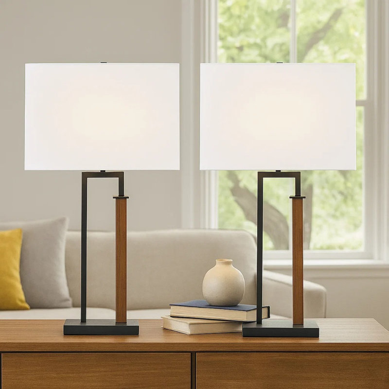 Table Lamp Set Of 2, Curved Wired Bronze Base, White Fabric Shade