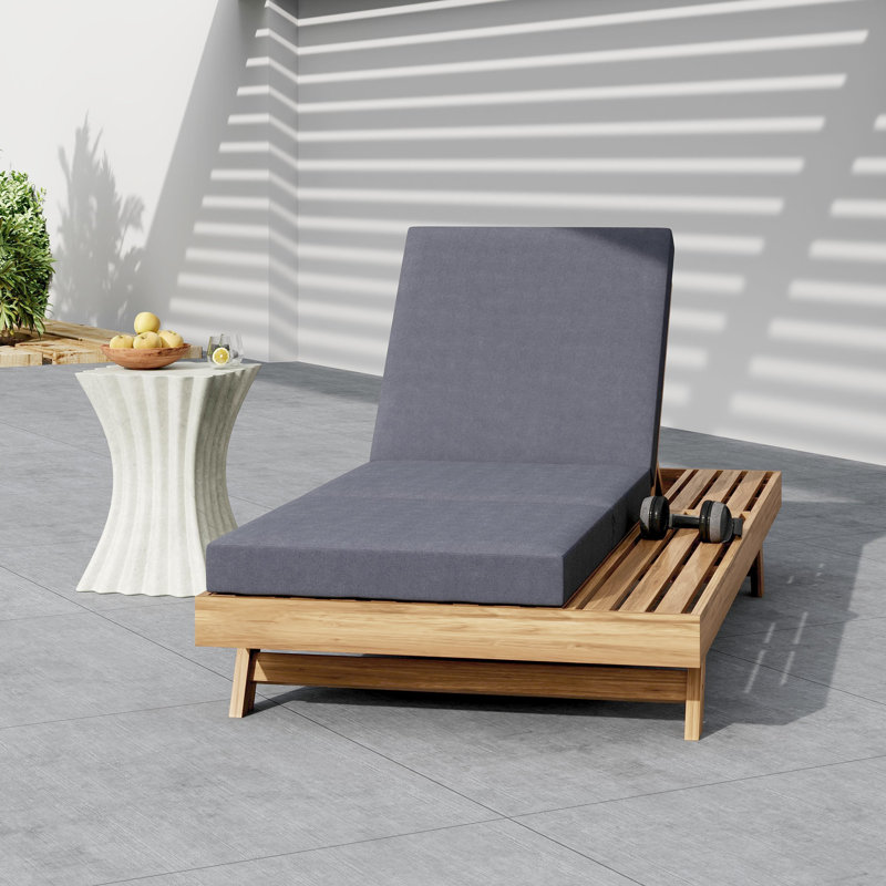 Easton Patio Acacia Wood Chaise Lounge with Adjustable Back & Tri-Fold Cushion, Dark Gray Cushion/Light Brown Frame