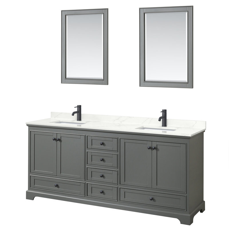 Ensemble de meuble-lavabo double autoportant 80 po avec plateau en quartz Deborah, Quartz Giotto, Gris foncé, Noir mat