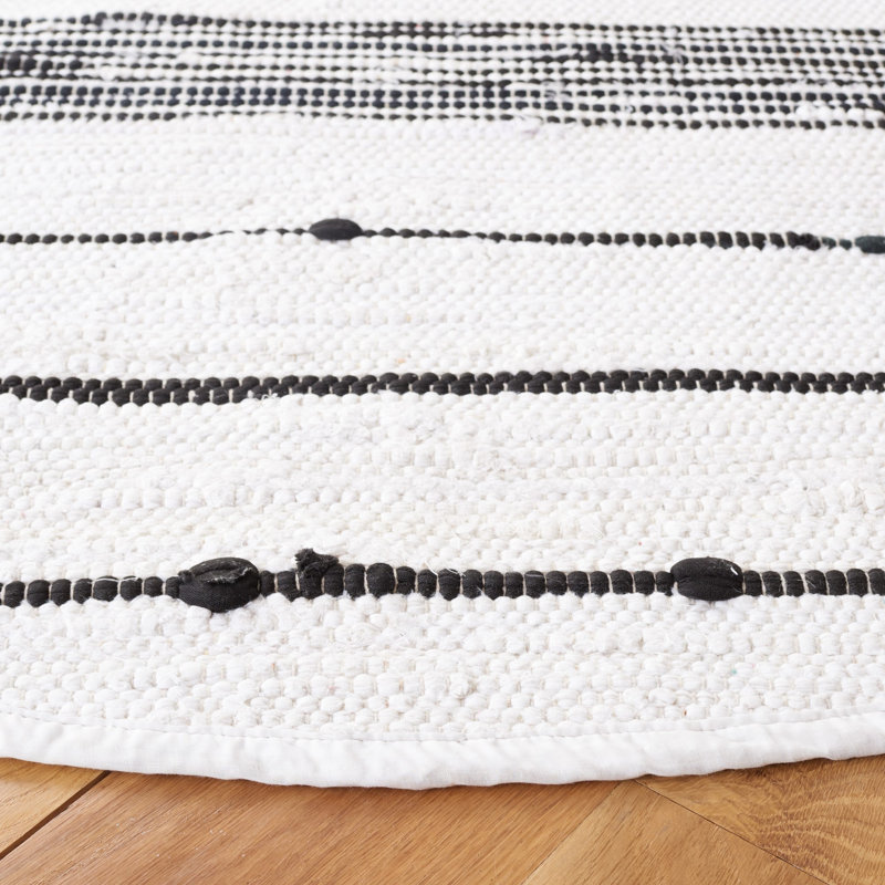 Tapis rayé kilim ivoire / noir STK203A, Rond 6 pi
