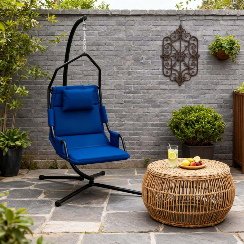Chaise de balançoire suspendue, chaise hamac avec support et coussin de revêtement, avec structure en acier pour l'intérieur et l'extérieur