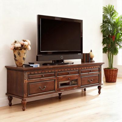 Vintage Style Wood TV Stand with Drawers and Glass Compartment