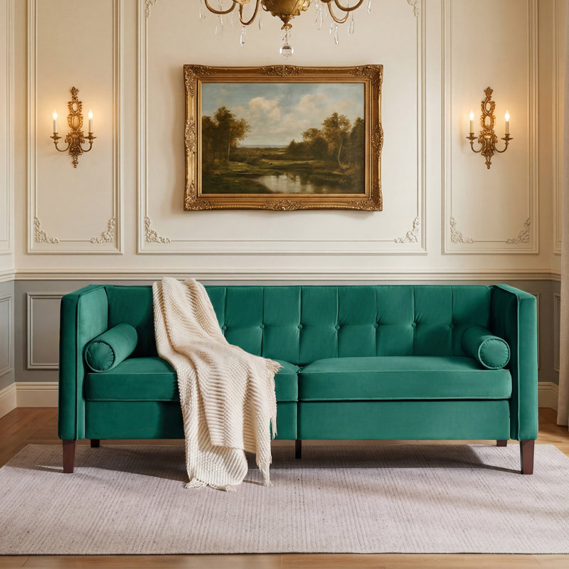 Chelsea 77'' W Mid Century Upholstery Tufted Sofa, Green Velvet, Wood Framework