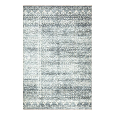 Washable Non-Slip Area Rug - Teal / Ivory Geometric Area Rug for Living Room, Bedroom, Dining Room, and Kitchen