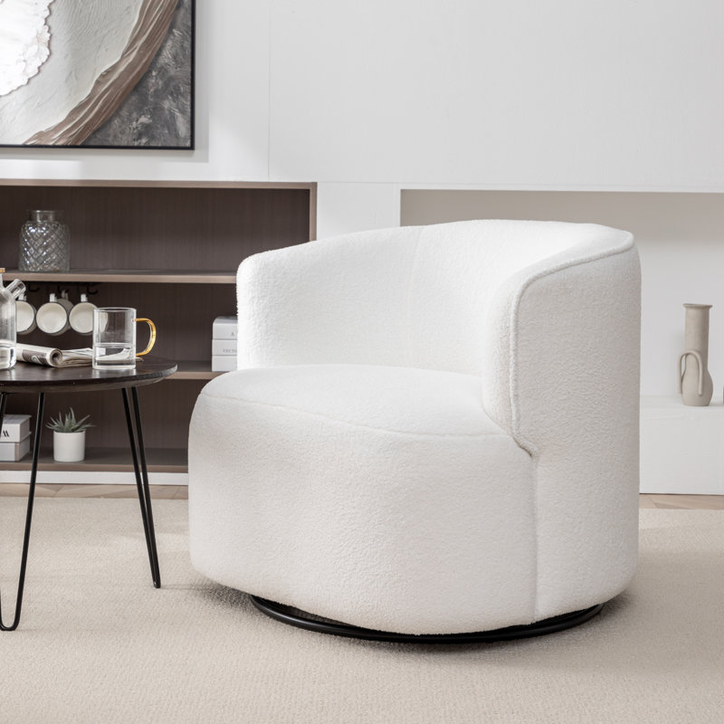 Janeesha Upholstered Swivel Barrel Chair, White Boucle