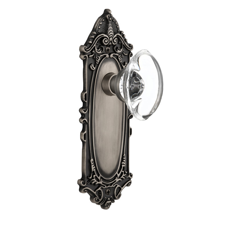 Victorian Plate with Oval Clear Crystal Door Knob, Antique Pewter, 2-3/4"