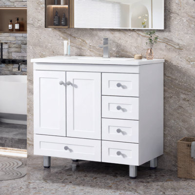 32" Modern White Single Vanity with 5 Drawers & 2 Doors, Large Storage Bathroom Cabinet with Ceramic Top