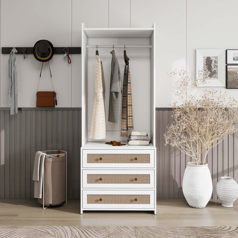 Armoire penderie avec rotin pour garde-robe 3 tiroirs
