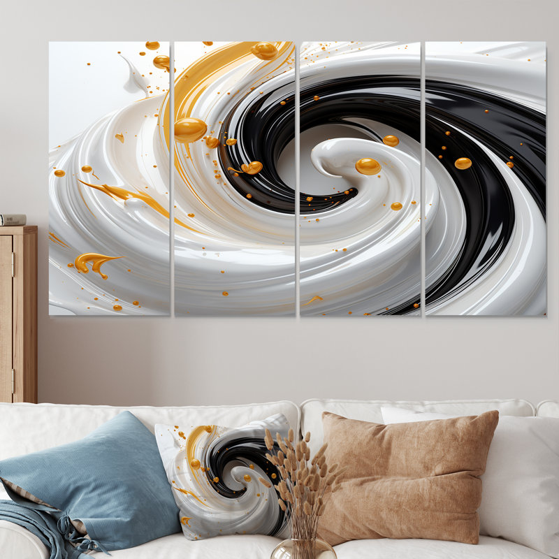 Tourbillon jaune, noir, blanc, spirales abstraites, ensemble de 4 pièces, H 28 po x l 48 po