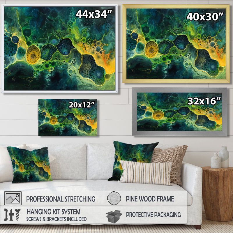 Jaune jaune vert cosmique nourrissant liquide Art II - impression murale abstraite, Cadre flottant doré, H 12 po x l 20 po