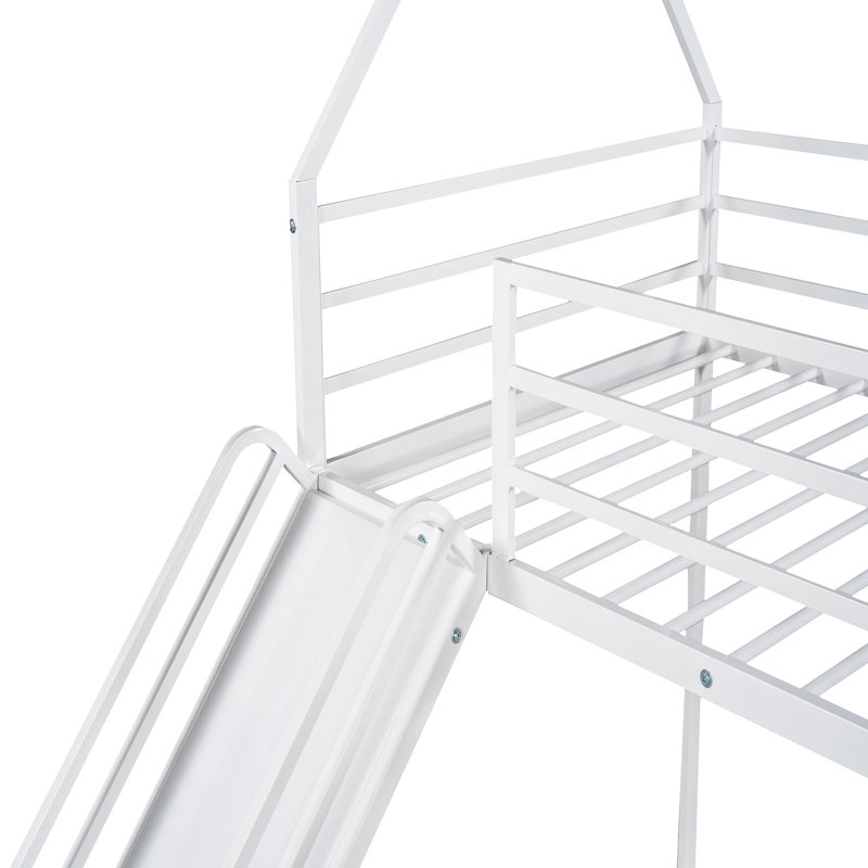 Lit superposé simple au-dessus d'une maison avec glissade, blanc - Fabrication en métal robuste pour l'espace et l'utilisation de la chambre à coucher