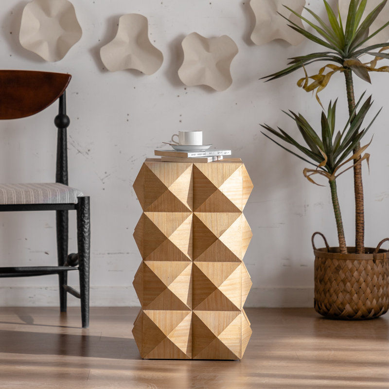 Table d'appoint de 23,13 po de hauteur et sapin - Superbe conception 3D à trois étages, haut et sapin, finition naturelle, carré de 12,12 po, charge de 220 lb