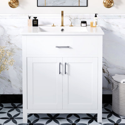 Meuble-lavabo de 30 po: lavabo en céramique et beaucoup de rangement. Compact pour les petites salles de bain. Blanc, bois massif +. 2 portes, 1 tiroir. Élément élégant