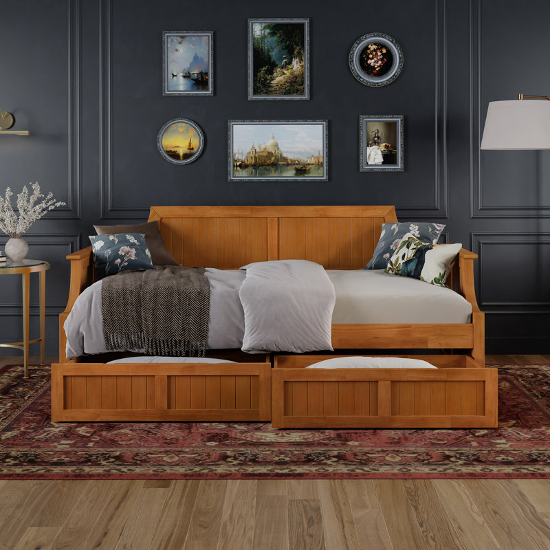 Antavious Coastal Cottage Solid Wood Twin Daybed with Storage Drawers, Light Toffee