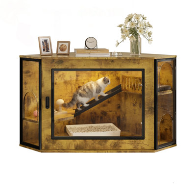 48" Corner Cat Litter Box Enclosure with LED Light, Playground & Stairs (Tiger)