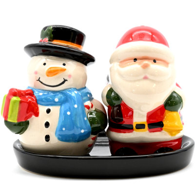 SALT AND PEPPER SHAKER Santa & Snowman and black ceramic tray