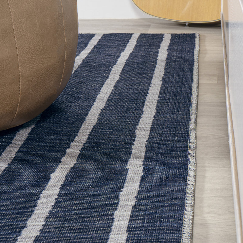 Rand Distressed Ticking Stripe Machine-Washable Navy/Gray Rug, Rectangle 3'11" x 6'