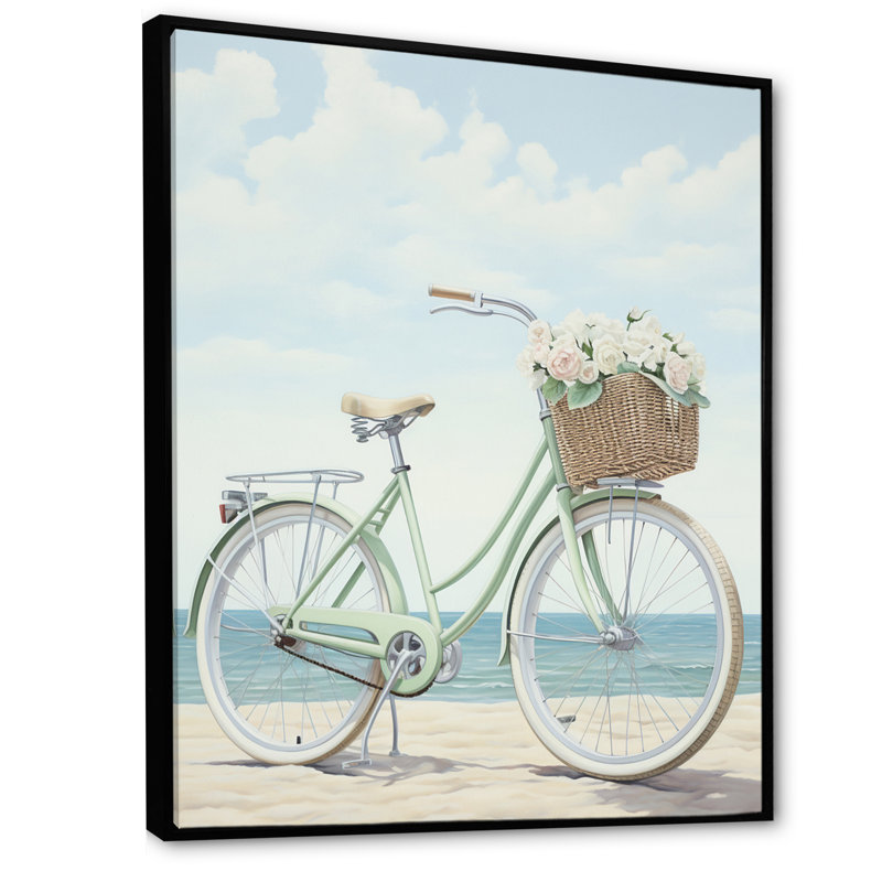 Vélo rétro bleu avec panier sur la plage sur toile, H 40 po x l 30 po x P 1,5 po, Cadre flottant noir