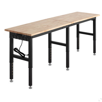 Établi réglable, capacité de 5000 lb, poste de travail à plateau en bois de chêne de 96 po x 24 po avec 4 prises de courant alternatif et 2 ports USB, table de travail en bois franc robuste pour garage, atelier, maison, bureau