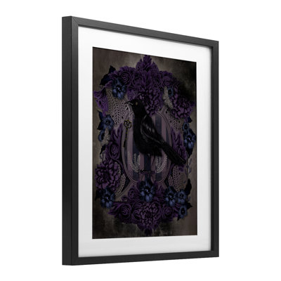 Raven with Gothic Florals Framed Print Under Glass, design by Lori Mosley