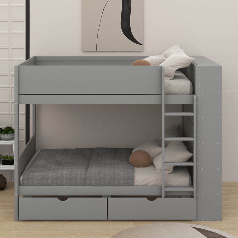 Lit superposé simple au-dessus de simple avec tiroirs et armoire, gris