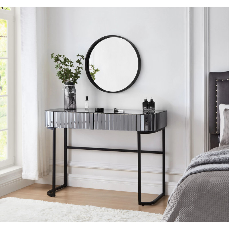 Table de coiffeuse grise à miroir de 39 po avec base en acier inoxydable. Console à 2 tiroirs. Esthétique moderne. Rangement généreux. Utilisation polyvalente dans la chambre à coucher et le bureau. Fabrication. Base facile à assembler, tiroirs -