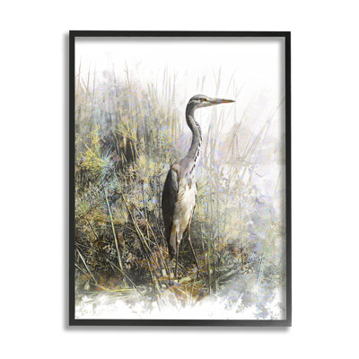 Stupell Industries Heron Bird Water's Edge Pond By Pip Wilson - Floater Frame Graphic Art On Wood In Midnight Black Framed Giclee
