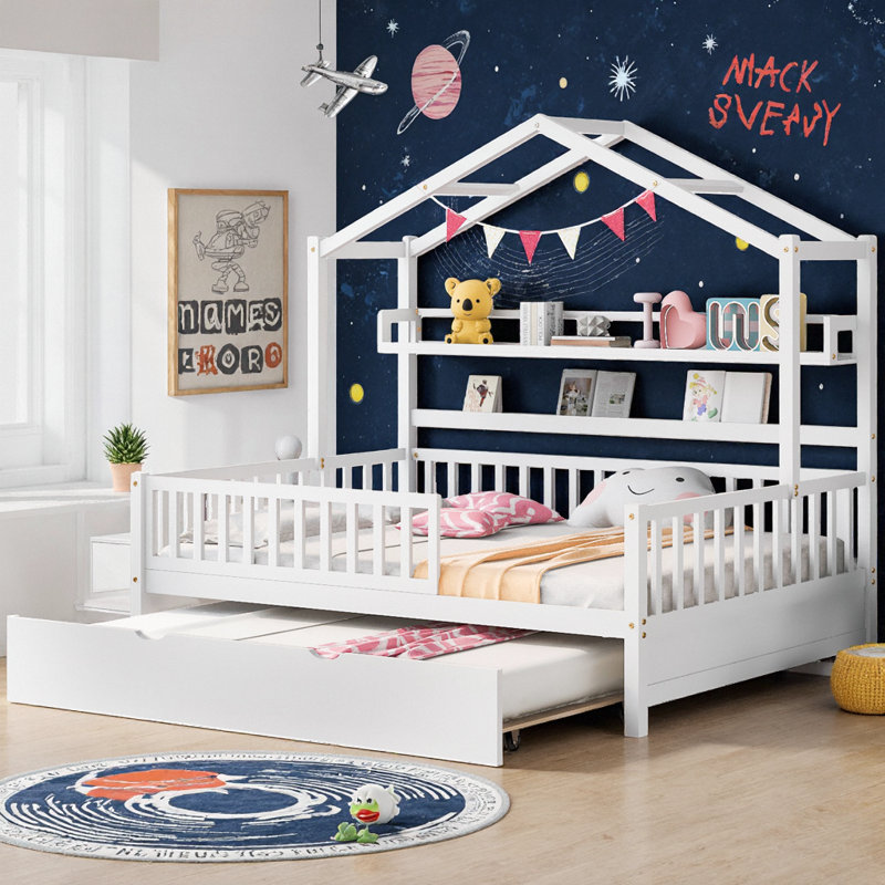 Lit d'enfant en bois avec lit gigogne escamotable et tablettes intégrées Magical, Lit double