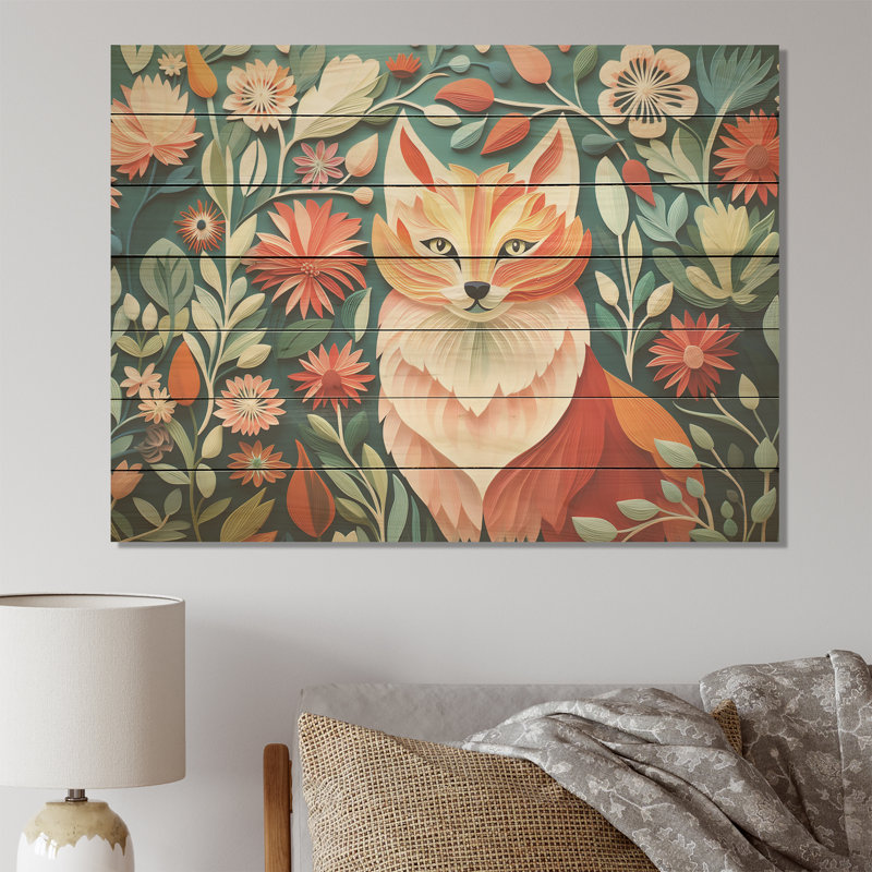 Renard orange et rose dans un style matte II - Animal renard sur bois, H 10 po x l 20 po