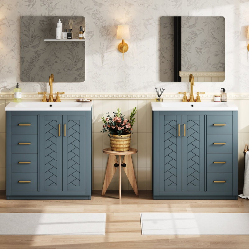 Meuble-lavabo de 60 po avec lavabo en céramique, structure en bois massif, tiroirs spacieux, rangement dissimulé, portes à fermeture douce pour armoire et panneaux décoratifs de 30 po, poignées exquises, assemblage facile