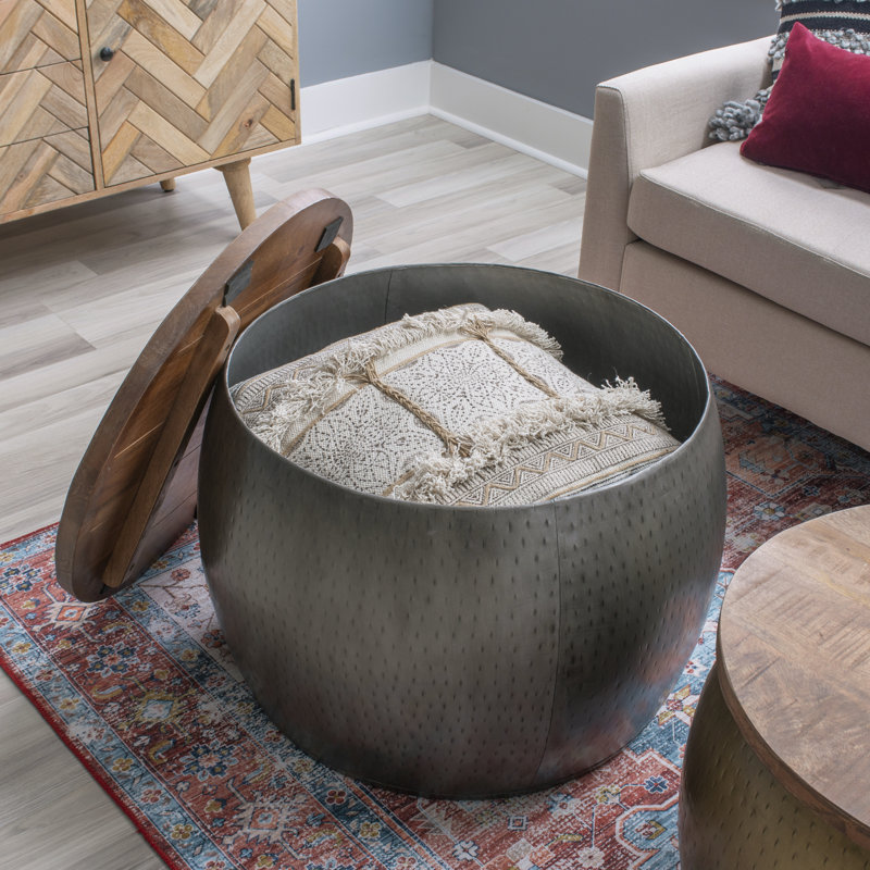 Synthia Hammered Metal Drum Coffee Table with Storage and Wooden Top, 18.5" H x 27.5" L x 27.5" W, Silver