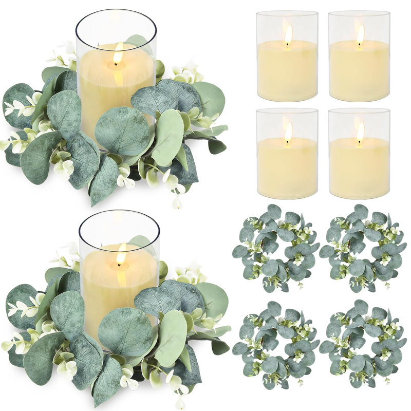 Ensemble de 6 bougies DEL sans flamme avec anneaux d'eucalyptus, 4 bougeoirs de couronne de verdure, centres de table de mariage