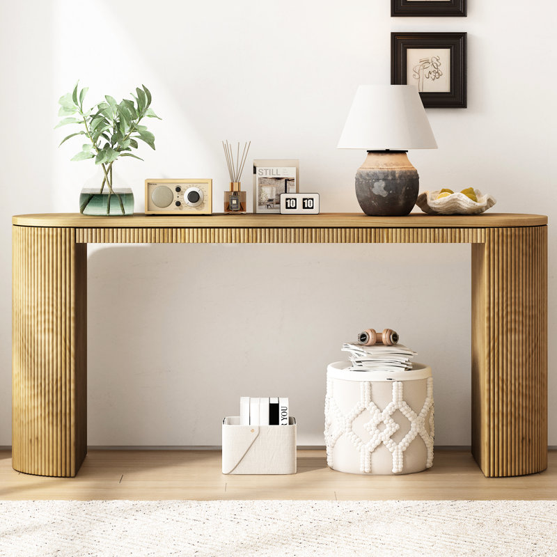 Élégante console courbée à rayures verticales - Bureau en pin spacieux pour un usage domestique