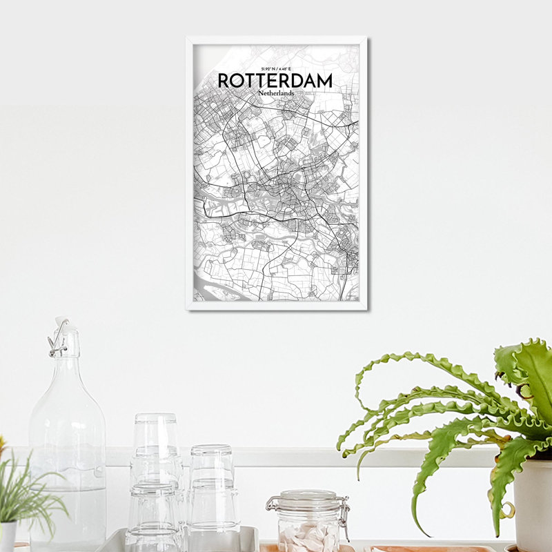 «Rotterdam City Map», impression, H 17 po x l 11 po, Gris / blanc