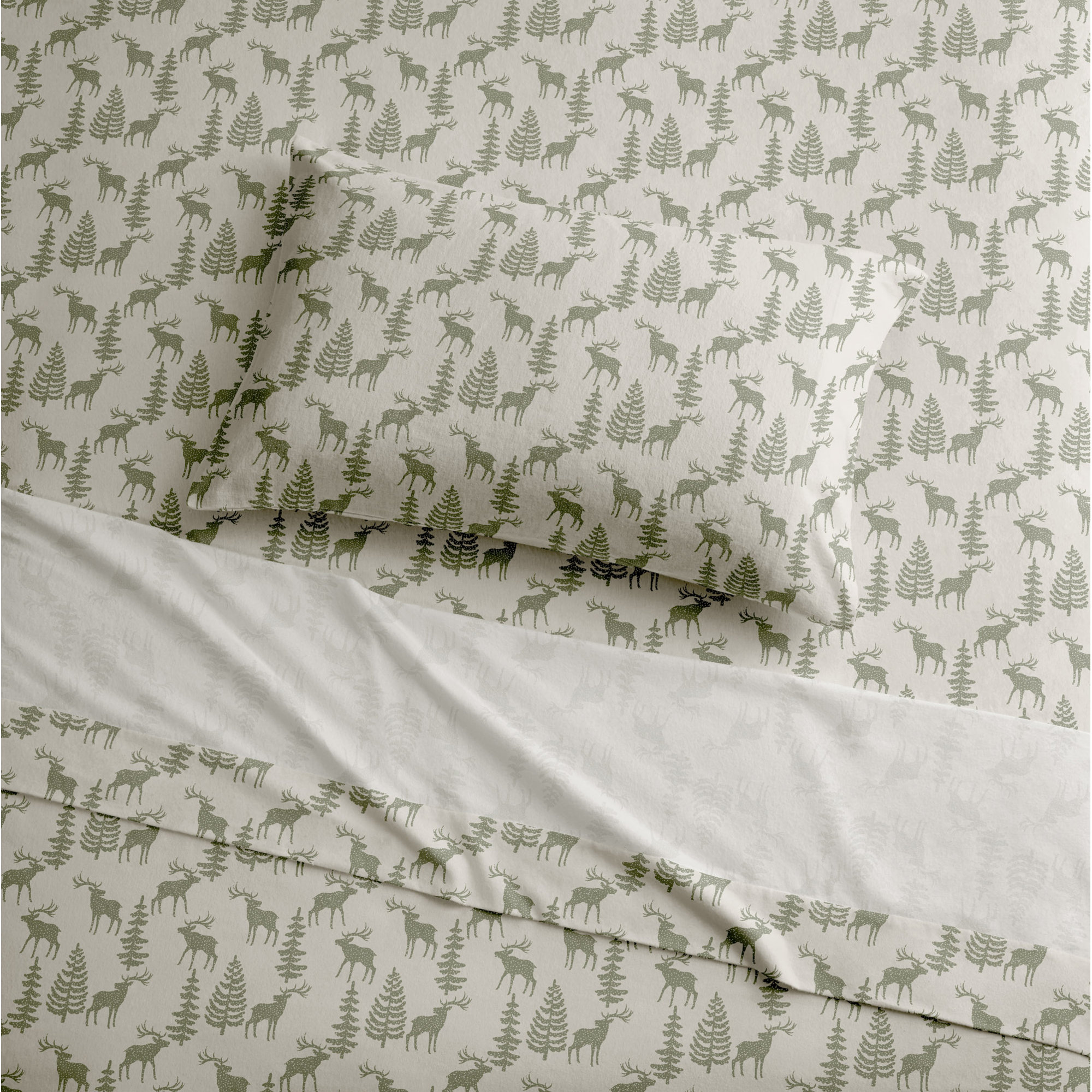 Fabrice Flannel Sheet Set, Cal.King Sheet Set + Fitted Sheet + 2 Pillowcases, Ivory/Green