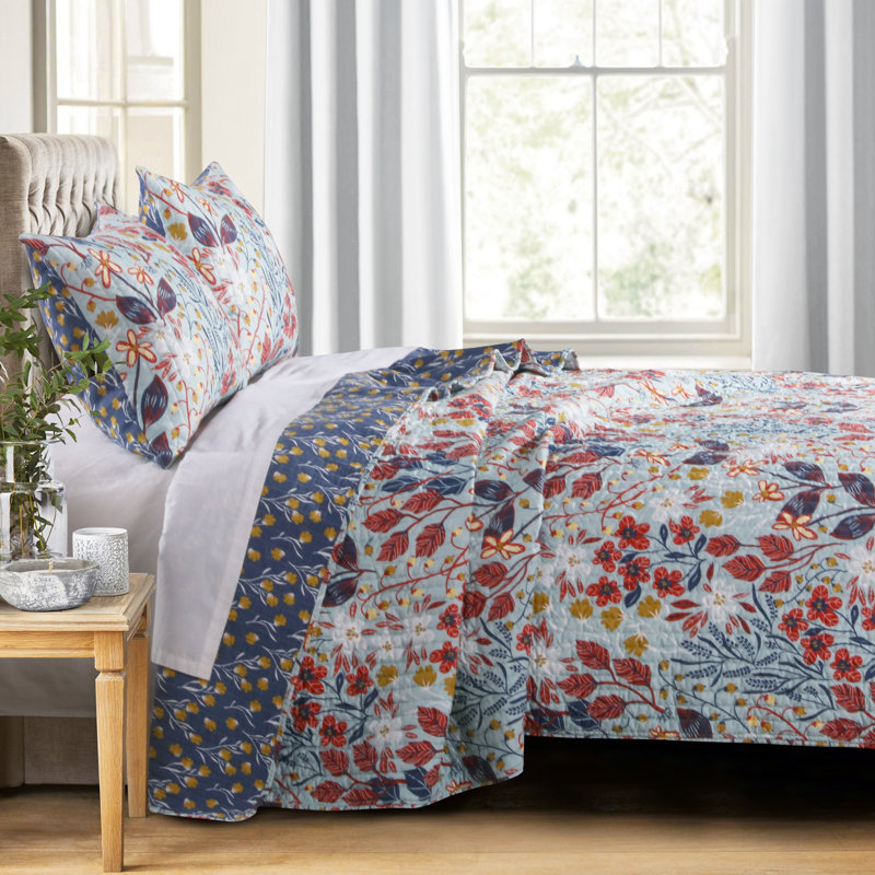 Slate Blue Floral Reversible Microfiber Full Quilt Set