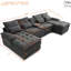 Canapé-lit de 130 po en forme de U pour 6 personnes avec coussins à double couche, console, porte-gobelets, tissu en lin gris pour la profondeur de l'espace de vie principal, console et configuration de la pièce rembourrée-74429565-74429562