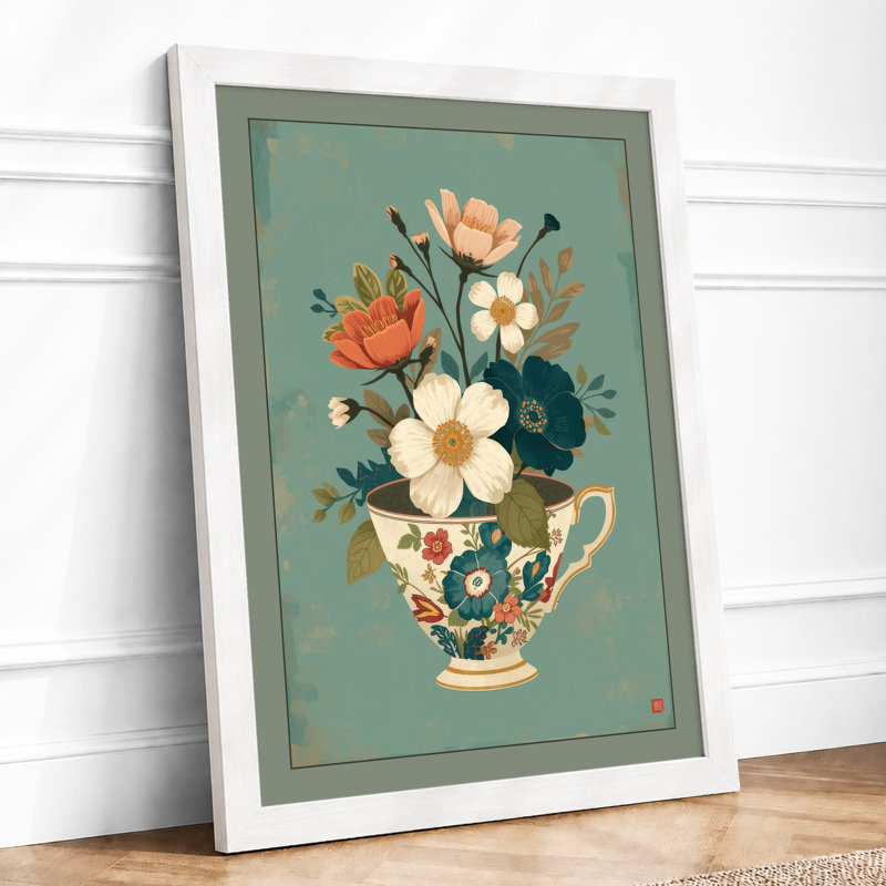 Flowers in Ceramic Teapot Japandi - Framed Print, A1 - 84.1 x 59.4 cm, White
